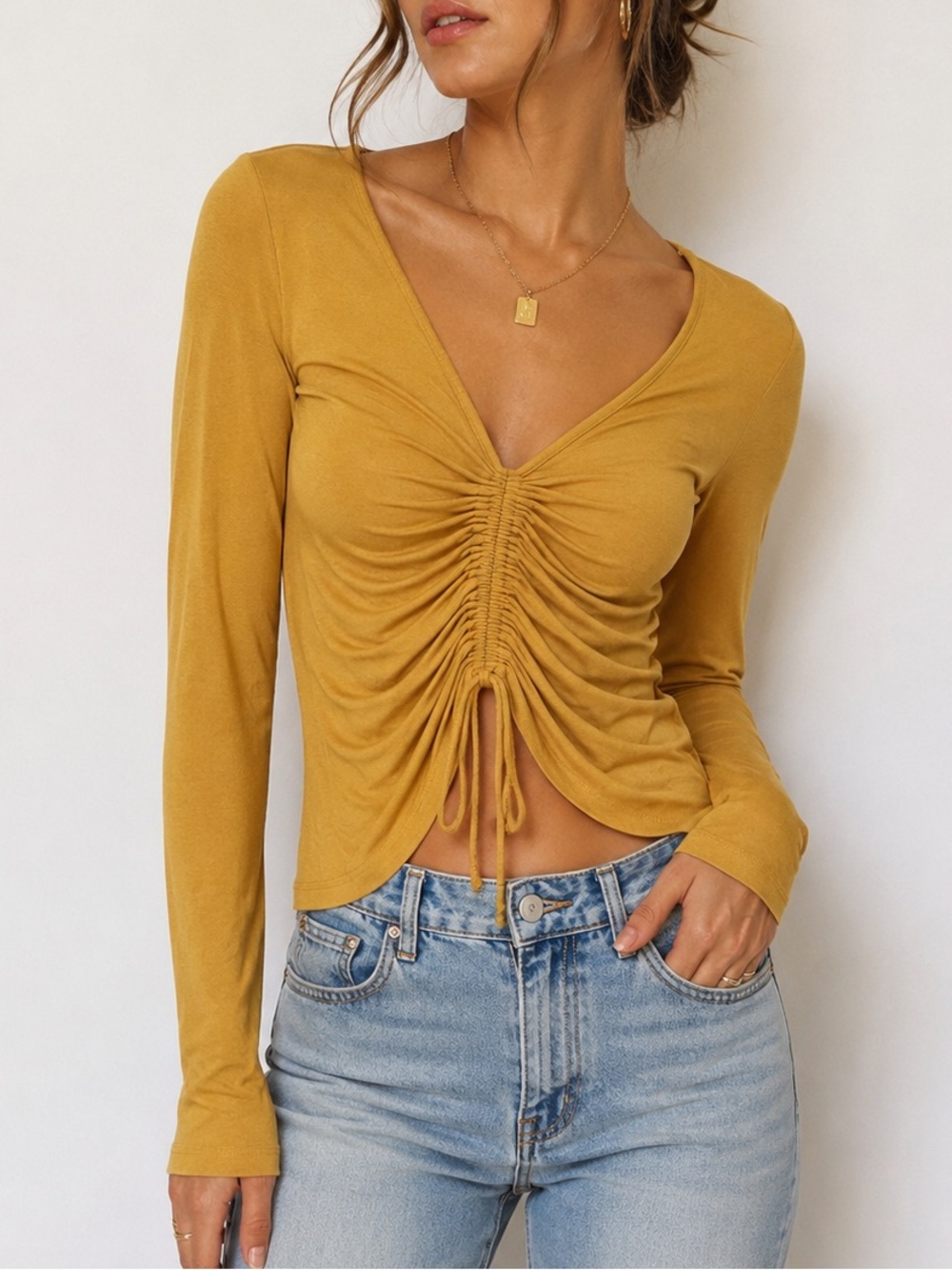 Streetwear Society Draped V Neck Long Sleeve Crop Top Mustard Small